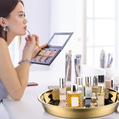 Thenshop 3 Pcs 15 Inch Gold Round Serving Tray Stainless Steel Circle Decorative Vanity Gold Plate Metal Jewelry Makeup Organizer Dishes for Gift Wedding Coffee Table Bathroom Dessert Christmas in Kuwait