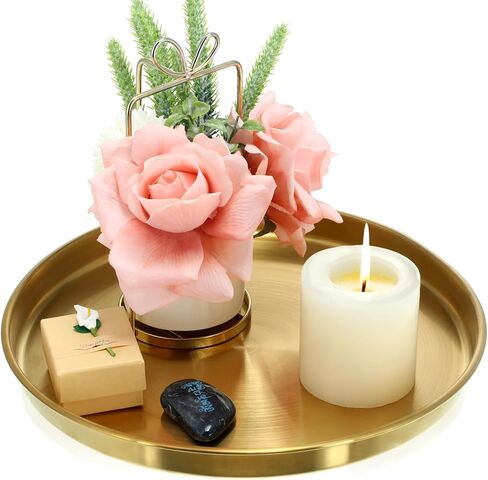 Thenshop 3 Pcs 15 Inch Gold Round Serving Tray Stainless Steel Circle Decorative Vanity Gold Plate Metal Jewelry Makeup Organizer Dishes for Gift Wedding Coffee Table Bathroom Dessert Christmas in Kuwait