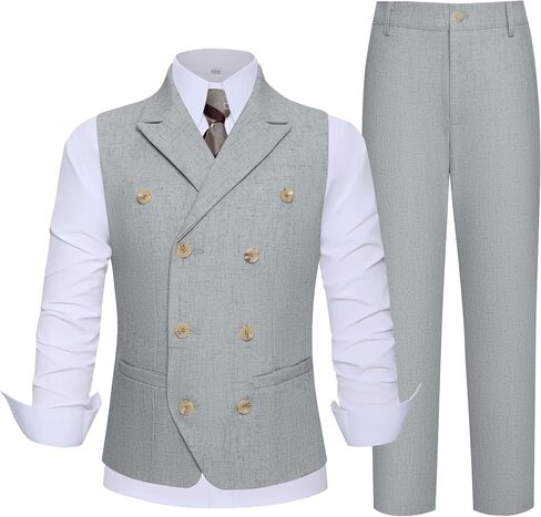 Boys Linen Suit Kids 2 Pieces Formal Suits Beach Summer Casual Wedding Outfit Double Breasted Vest and Pants Set in Saudi Arabia