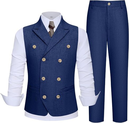 Boys Linen Suit Kids 2 Pieces Formal Suits Beach Summer Casual Wedding Outfit Double Breasted Vest and Pants Set in Saudi Arabia