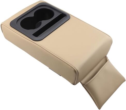 PU Leather Armrest Cushion with Cup Holder, Car Center Console Pad with Front Storage Pocket, Elbow Rest Pillow, Universal Car Armrest Seat Box Cover Protector - Beige in Saudi Arabia