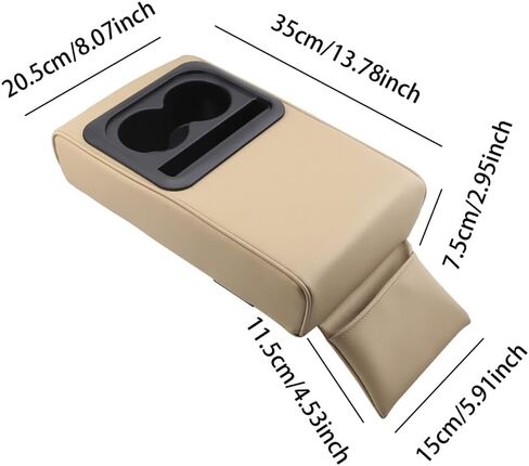 PU Leather Armrest Cushion with Cup Holder, Car Center Console Pad with Front Storage Pocket, Elbow Rest Pillow, Universal Car Armrest Seat Box Cover Protector - Beige in Saudi Arabia