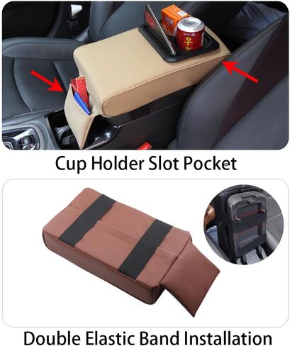 PU Leather Armrest Cushion with Cup Holder, Car Center Console Pad with Front Storage Pocket, Elbow Rest Pillow, Universal Car Armrest Seat Box Cover Protector - Beige in Saudi Arabia