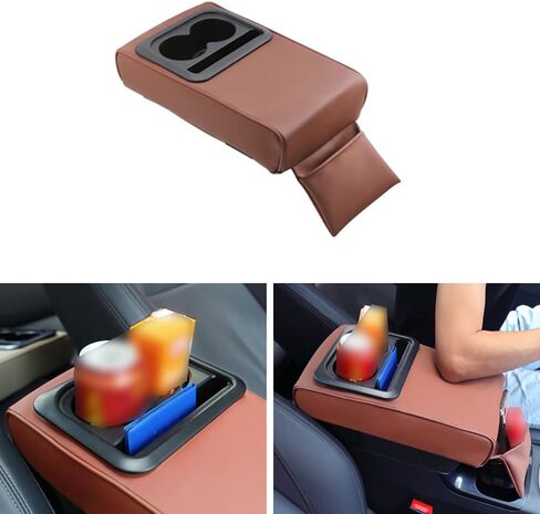 PU Leather Armrest Cushion with Cup Holder, Car Center Console Pad with Front Storage Pocket, Elbow Rest Pillow, Universal Car Armrest Seat Box Cover Protector - Beige in Saudi Arabia