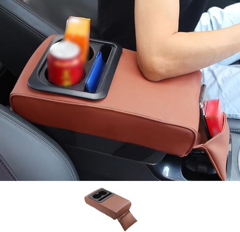 PU Leather Armrest Cushion with Cup Holder, Car Center Console Pad with Front Storage Pocket, Elbow Rest Pillow, Universal Car Armrest Seat Box Cover Protector - Beige in Saudi Arabia