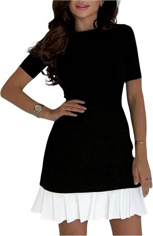 Gorglitter Women's Color Block Bluble Bubble Dress Crew Neck Short Sleeve Business Disual Bodycon Plateed Mini Dresses in Saudi Arabia