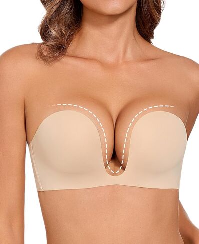 Strapless Push Up Bras for Women Deep Plunge Non Slip Padded Convertible Underwire Bra Low Cut Sexy U Shaped in Saudi Arabia