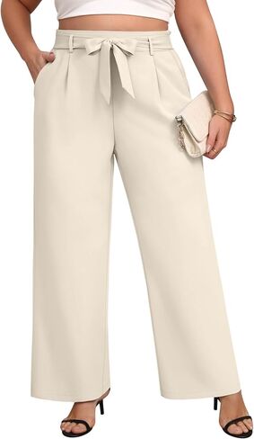 Women's Plus Size Wide Leg Dress Pants High Waist Palazzo Adjustable Knot Casual Business Trousers with Pockets in Saudi Arabia