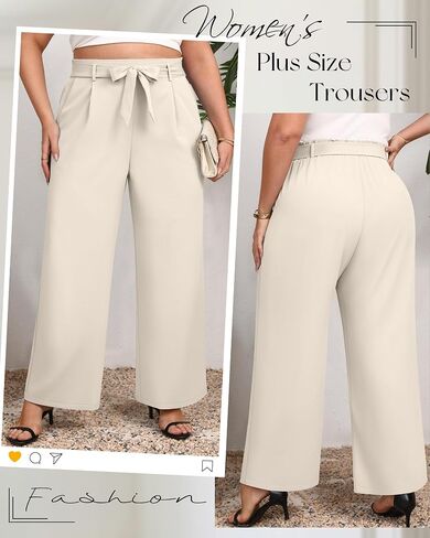 Women's Plus Size Wide Leg Dress Pants High Waist Palazzo Adjustable Knot Casual Business Trousers with Pockets in Saudi Arabia