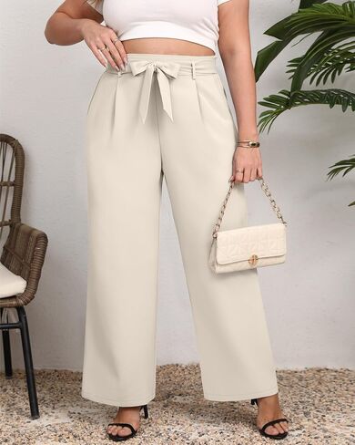 Women's Plus Size Wide Leg Dress Pants High Waist Palazzo Adjustable Knot Casual Business Trousers with Pockets in Saudi Arabia