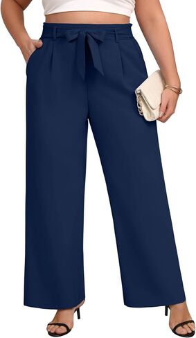 Women's Plus Size Wide Leg Dress Pants High Waist Palazzo Adjustable Knot Casual Business Trousers with Pockets in Saudi Arabia