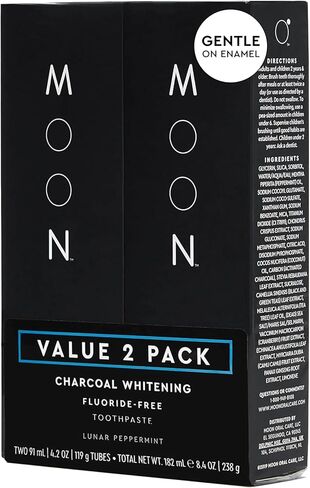 MOON Charcoal Toothpaste, Whitening Stain Removal for Everyday Brightening - SLS Free Teeth Whitening Toothpaste Without Fluoride - Vegan - Reduce Plaque & Support Gum Health - Peppermint (2 Pack) in Saudi Arabia