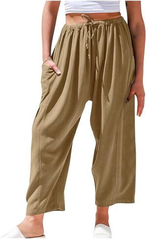 Lastesso Women's Pants Casual Wide Leg Baggy Trousers with Pockets Comfy Cotton Drawstring Travel Vacation Lounge Capris in Kuwait