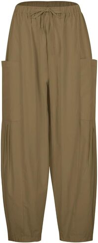 Lastesso Women's Pants Casual Wide Leg Baggy Trousers with Pockets Comfy Cotton Drawstring Travel Vacation Lounge Capris in Kuwait