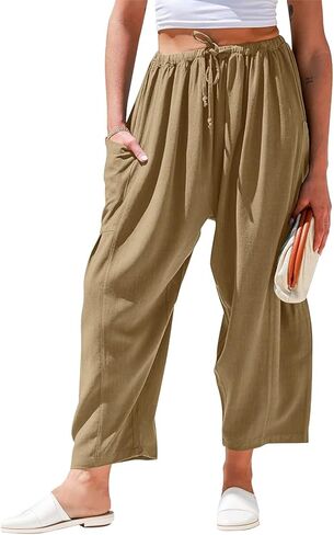 Lastesso Women's Pants Casual Wide Leg Baggy Trousers with Pockets Comfy Cotton Drawstring Travel Vacation Lounge Capris in Kuwait