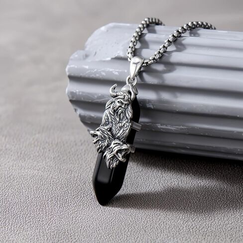 Odin Necklace for Men 925 Sterling Silver Black Obsidian Norse Nordic Viking Wolf Pendant Necklaces Jewelry, w/Stainless Steel Chain 22'' +2'' in Saudi Arabia