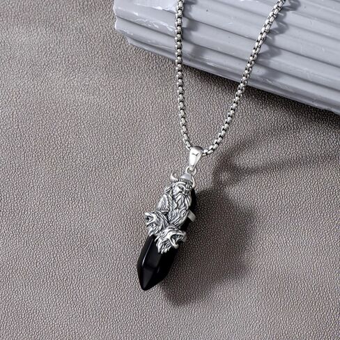 Odin Necklace for Men 925 Sterling Silver Black Obsidian Norse Nordic Viking Wolf Pendant Necklaces Jewelry, w/Stainless Steel Chain 22'' +2'' in Saudi Arabia