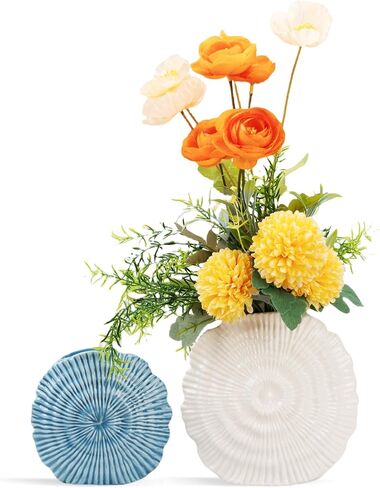 Coastal Vase Set of 2 - Seashell Decor Centerpiece for Shelf & Coffee Table, Blue and White Modern Ribbed Ceramic Flower Vase Home Accents with Shell Design, Beach Decor in Saudi Arabia
