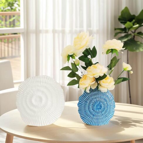 Coastal Vase Set of 2 - Seashell Decor Centerpiece for Shelf & Coffee Table, Blue and White Modern Ribbed Ceramic Flower Vase Home Accents with Shell Design, Beach Decor in Saudi Arabia