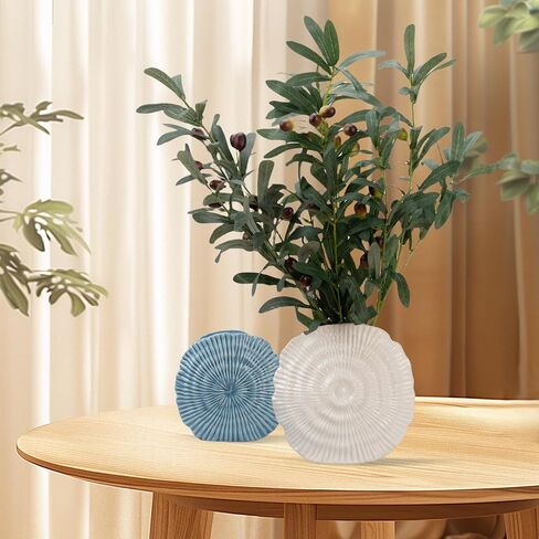 Coastal Vase Set of 2 - Seashell Decor Centerpiece for Shelf & Coffee Table, Blue and White Modern Ribbed Ceramic Flower Vase Home Accents with Shell Design, Beach Decor in Saudi Arabia