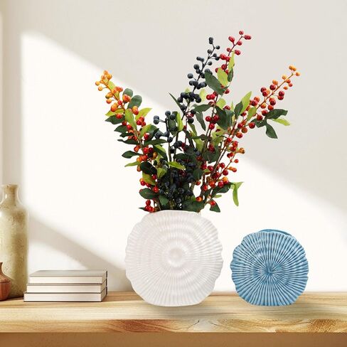 Coastal Vase Set of 2 - Seashell Decor Centerpiece for Shelf & Coffee Table, Blue and White Modern Ribbed Ceramic Flower Vase Home Accents with Shell Design, Beach Decor in Saudi Arabia