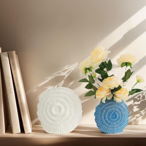 Coastal Vase Set of 2 - Seashell Decor Centerpiece for Shelf & Coffee Table, Blue and White Modern Ribbed Ceramic Flower Vase Home Accents with Shell Design, Beach Decor in Saudi Arabia
