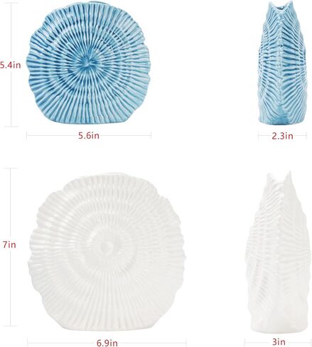 Coastal Vase Set of 2 - Seashell Decor Centerpiece for Shelf & Coffee Table, Blue and White Modern Ribbed Ceramic Flower Vase Home Accents with Shell Design, Beach Decor in Saudi Arabia
