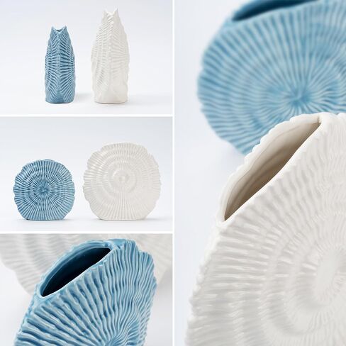Coastal Vase Set of 2 - Seashell Decor Centerpiece for Shelf & Coffee Table, Blue and White Modern Ribbed Ceramic Flower Vase Home Accents with Shell Design, Beach Decor in Saudi Arabia