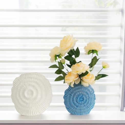 Coastal Vase Set of 2 - Seashell Decor Centerpiece for Shelf & Coffee Table, Blue and White Modern Ribbed Ceramic Flower Vase Home Accents with Shell Design, Beach Decor in Saudi Arabia