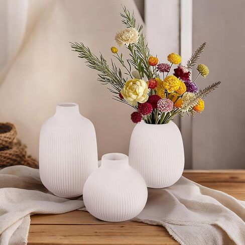 White vases for Flowers, Ceramic vases Set of 3, White vases for centerpieces, Vase for Fake Flowers, Ceramic Bud vase, Coffee Table Decor, Ribbed Flower vase, Dining Table Centerpiece Decor in Saudi Arabia