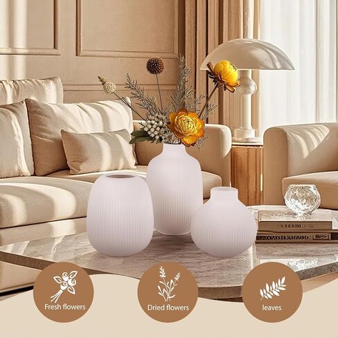 White vases for Flowers, Ceramic vases Set of 3, White vases for centerpieces, Vase for Fake Flowers, Ceramic Bud vase, Coffee Table Decor, Ribbed Flower vase, Dining Table Centerpiece Decor in Saudi Arabia