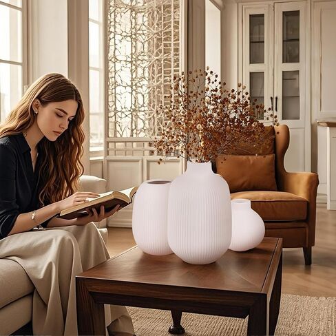 White vases for Flowers, Ceramic vases Set of 3, White vases for centerpieces, Vase for Fake Flowers, Ceramic Bud vase, Coffee Table Decor, Ribbed Flower vase, Dining Table Centerpiece Decor in Saudi Arabia