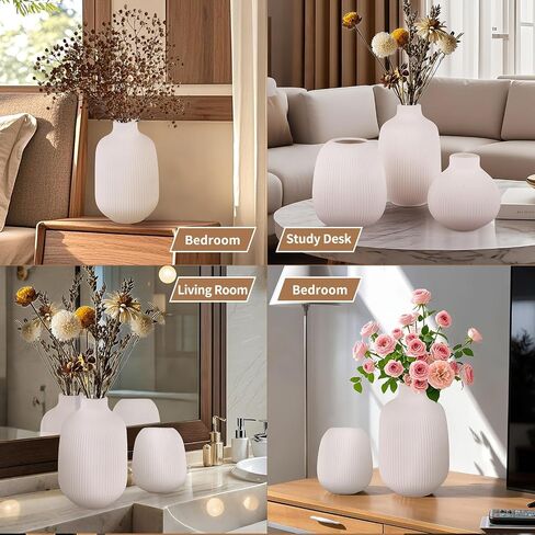 White vases for Flowers, Ceramic vases Set of 3, White vases for centerpieces, Vase for Fake Flowers, Ceramic Bud vase, Coffee Table Decor, Ribbed Flower vase, Dining Table Centerpiece Decor in Saudi Arabia