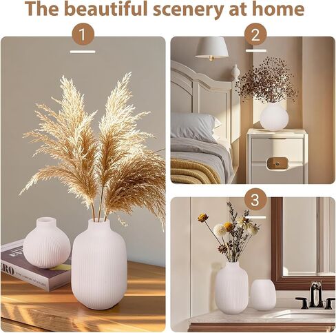 White vases for Flowers, Ceramic vases Set of 3, White vases for centerpieces, Vase for Fake Flowers, Ceramic Bud vase, Coffee Table Decor, Ribbed Flower vase, Dining Table Centerpiece Decor in Saudi Arabia