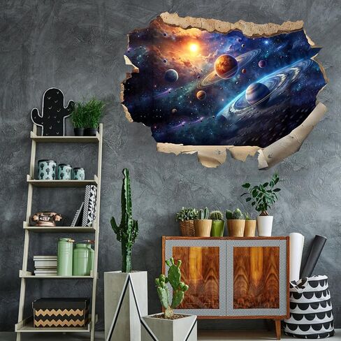3D Galaxy Planets Wall Decals Cosmic Mountain Moon Star Wall Sticker Cracked Outer Space Waterproof Vinyl Wall Clings Art for Living Room Kids Bedroom Classroom Baby Nursery in Kuwait