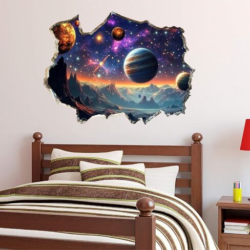 3D Galaxy Planets Wall Decals Cosmic Mountain Moon Star Wall Sticker Cracked Outer Space Waterproof Vinyl Wall Clings Art for Living Room Kids Bedroom Classroom Baby Nursery in Kuwait