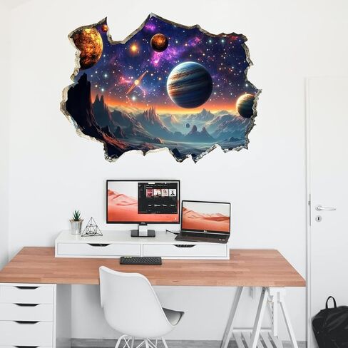 3D Galaxy Planets Wall Decals Cosmic Mountain Moon Star Wall Sticker Cracked Outer Space Waterproof Vinyl Wall Clings Art for Living Room Kids Bedroom Classroom Baby Nursery in Kuwait
