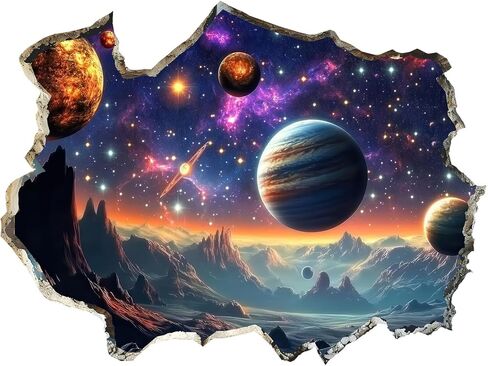 3D Galaxy Planets Wall Decals Cosmic Mountain Moon Star Wall Sticker Cracked Outer Space Waterproof Vinyl Wall Clings Art for Living Room Kids Bedroom Classroom Baby Nursery in Kuwait