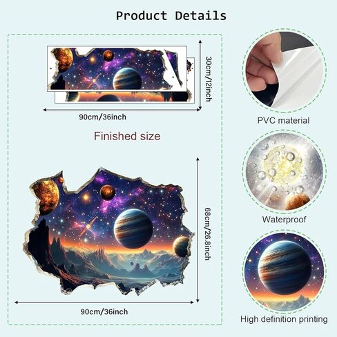 3D Galaxy Planets Wall Decals Cosmic Mountain Moon Star Wall Sticker Cracked Outer Space Waterproof Vinyl Wall Clings Art for Living Room Kids Bedroom Classroom Baby Nursery in Kuwait