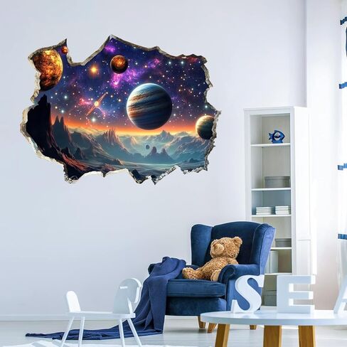 3D Galaxy Planets Wall Decals Cosmic Mountain Moon Star Wall Sticker Cracked Outer Space Waterproof Vinyl Wall Clings Art for Living Room Kids Bedroom Classroom Baby Nursery in Kuwait
