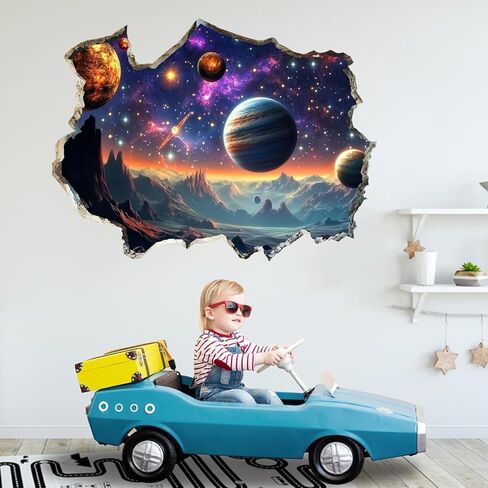 3D Galaxy Planets Wall Decals Cosmic Mountain Moon Star Wall Sticker Cracked Outer Space Waterproof Vinyl Wall Clings Art for Living Room Kids Bedroom Classroom Baby Nursery in Kuwait
