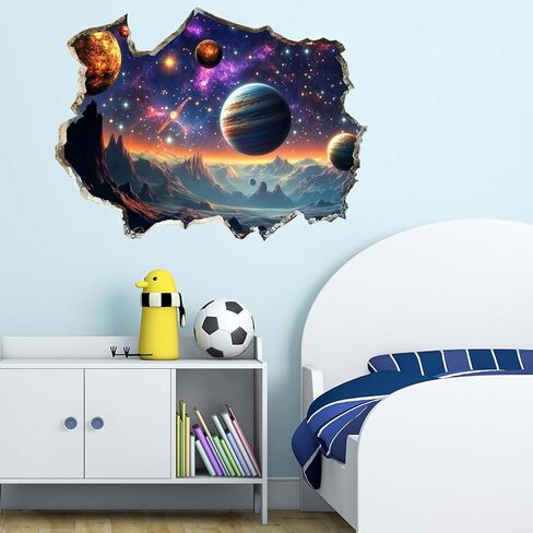 3D Galaxy Planets Wall Decals Cosmic Mountain Moon Star Wall Sticker Cracked Outer Space Waterproof Vinyl Wall Clings Art for Living Room Kids Bedroom Classroom Baby Nursery in Kuwait