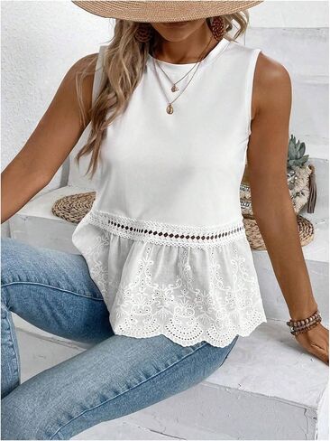 SweatyRocks Women's Plus Size Hollow Out Embroidery Sleeveless Crew Neck Ruffle Peplum Tank Tops in Saudi Arabia