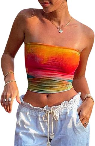 Women 's Y2K Floral Print Strapless Tube Top Off Shoulder Backless Bandeau Tank Tie Dye Aesthetic Crop Corset Top in Saudi Arabia