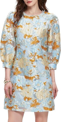 Kedera Women's Jacquard Dress Long Puff Sleeves Shift Mini Elegant Floral Dress Summer Business in Saudi Arabia