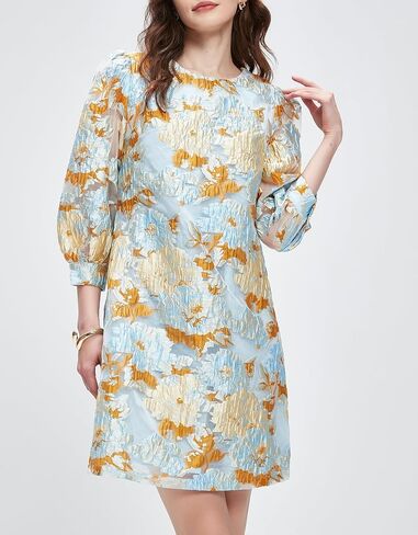 Kedera Women's Jacquard Dress Long Puff Sleeves Shift Mini Elegant Floral Dress Summer Business in Saudi Arabia
