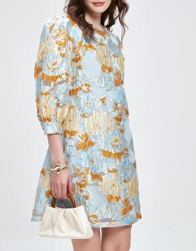 Kedera Women's Jacquard Dress Long Puff Sleeves Shift Mini Elegant Floral Dress Summer Business in Saudi Arabia