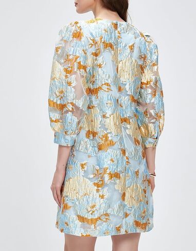 Kedera Women's Jacquard Dress Long Puff Sleeves Shift Mini Elegant Floral Dress Summer Business in Saudi Arabia
