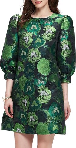 Kedera Women's Jacquard Dress Long Puff Sleeves Shift Mini Elegant Floral Dress Summer Business in Saudi Arabia