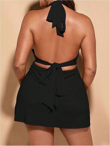 Floerns Women's Plus Size Deep V Neck Halter Dress Tie Back Sleeveless Mini Dresses in Saudi Arabia